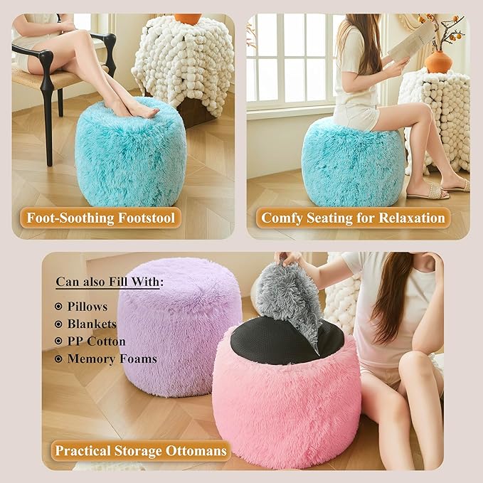 XeGe Fluffy Faux Fur Inflatable Pouf Ottoman, Cozy Portable Fuzzy Foot Stool, Furry Foot Rest Floor Pouf Anti-Slip Kids Girls Adult, Cute Round Ottoman Cushion for Living Room Bedroom, Ombre Aqua