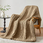Chunky Knit Throw Blanket, 60''*80'' Knitted Throw Chenille Yarn for Bed Couch, Handmade Light Brown Crochet Big Thick Blanket, Machine Washable Cute Comfy Blanket for Home Decor