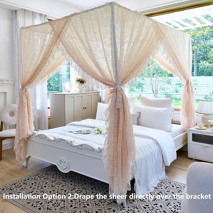 AIKASY Elegant Lace Princess 4-Poster Bed Canopy Mosquito Net - Romantic Wedding Bridal Bedroom Decor, Kids Room Bed Curtain for Women Adults - (Cream-1,Queen)