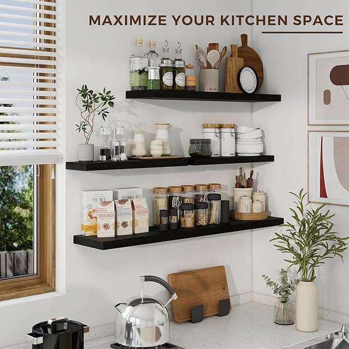 Dreamland 36 inch Floating Shelves Wall Shelves for Office with Invisible Brackets, 8 inch Deep Shelves for Bathroom, Living Room, Kitchen, Office, 36x7.9 inch deep Set of 2, Black