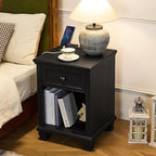 Farmhouse Side Table Set of 2 with Charging Station, Rustic Wood End Table with Drawer, Small Nightstands with Open Shelf for Bedroom, End Tables for Living Room, Black