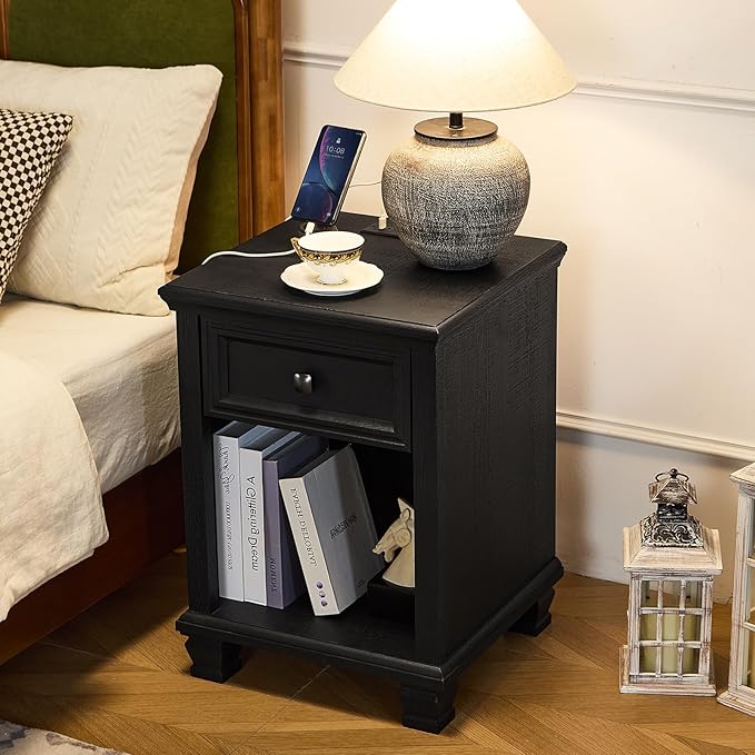 Farmhouse Side Table Set of 2 with Charging Station, Rustic Wood End Table with Drawer, Small Nightstands with Open Shelf for Bedroom, End Tables for Living Room, Black