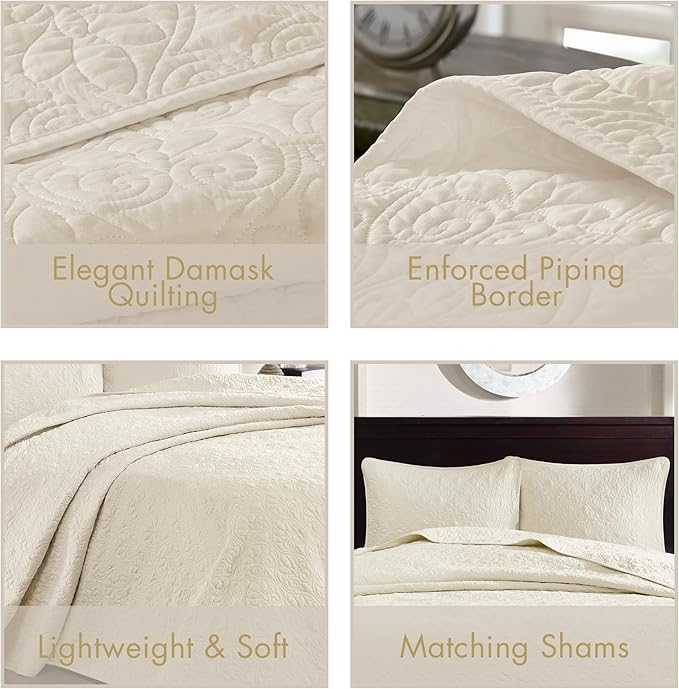Madison Park Quebec King Size Quilt Bedding Set - Ivory , Damask – 3 Piece Bedding Quilt Coverlets – Ultra Soft Microfiber Bed Quilts Quilted Coverlet