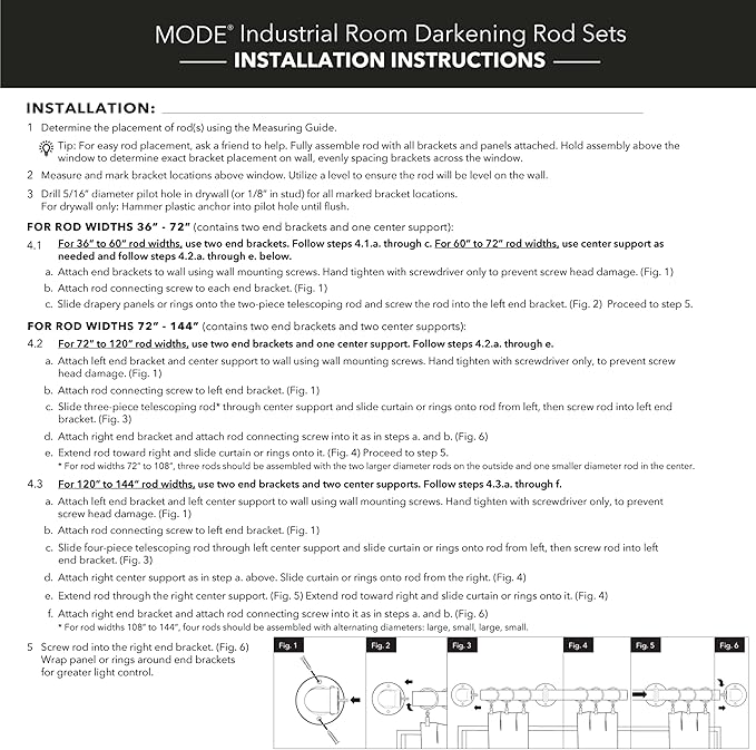 MODE Industrial Room Darkening Collection 1 1/8” diameter Industrial Curtain Rod Set with Steel Wall Mounted Expandable Curtain Rod, Blocks Light, Fits 72” to 144” Windows, Matte Black