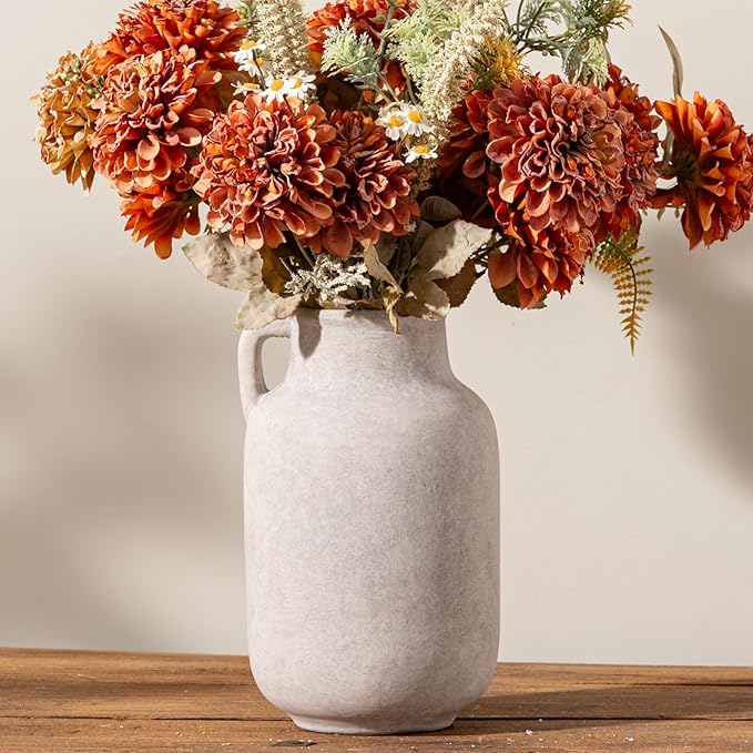 Ceramic Flower Vase Home Decor - 9.7 inch Large White Rustic Table Flowers Vases Living Room Bedroom Plant Decoration Farmhouse Vintage for Kitchen Shelf Office Coffee Dining Desk House Women