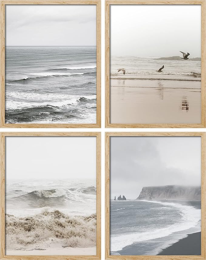 SIGNWIN Framed White Minimal Ocean Beach Seashore Coastals Wall Art, Set of 4 Landscape Colorful Wall Decor Prints, Nature Wilderness Wall Décor for Living Room, Bedroom - 12"x16" Natural