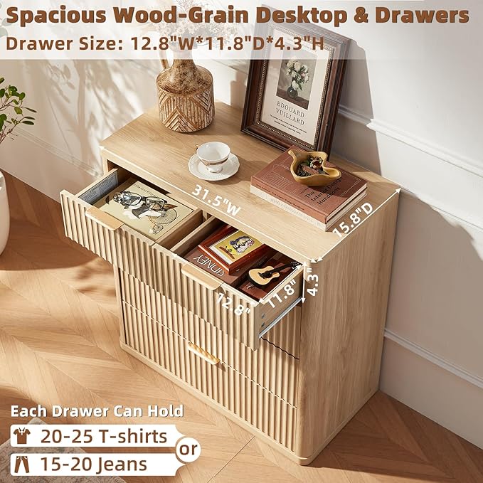 LEYAOYAO Fluted 5 Drawers Dresser for Bedroom Set of 2, 34" Tall Modern Chest of Drawers with Metal Handle, Curved Profile Design,Natural Wood Drawer Organizer for Bedroom, Living Room, Hallway