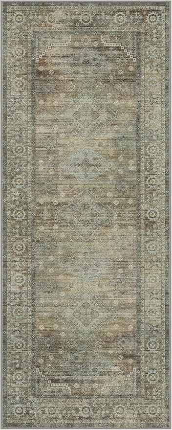 Runner Rug for Hallway Kitchen, 2x5 Machine Washable Runners Rug for Entryway, Soft Modern Boho Throw Rugs, Low Pile Floor Cover with Non Slip Backing, Distressed Light Greyish Sage Green