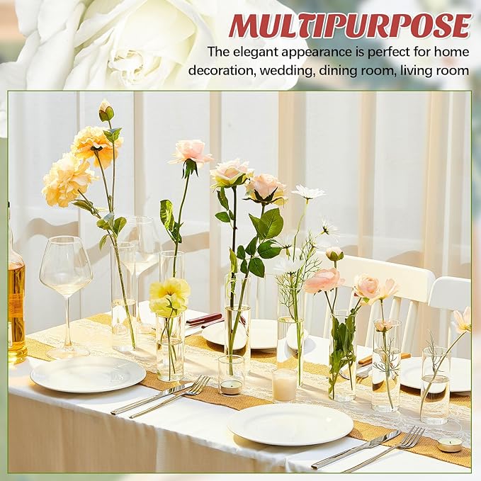 Bud Vases Set of 12 Tall Glass Cylinder Vases Clear Single Flower Glass Vase Bulk for Wildflower Party Centerpieces Wedding Decoration Floating Candle Holder Wedding Decor, 6 Sizes