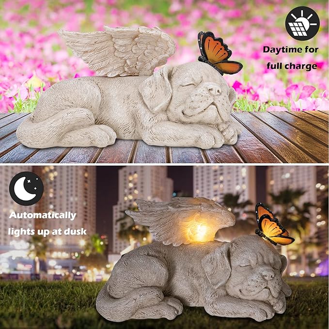 WONDER GARDEN Sleeping Dog Angel Statue with Solar Light - Pet Memorial Stone, in Memory of Dog, Marker Tribute Statues, Resin Guardian Angels, Bereavement Gift