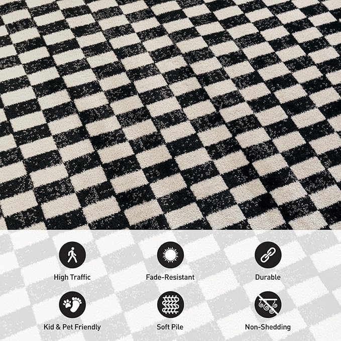 Rugshop Black and White Checkered Area Rug – High-Contrast Grid Pattern Carpet for Living Room, Bedroom, or Dorm – Trendy Contemporary Soft Floor Décor 7' 10" x 10' Black