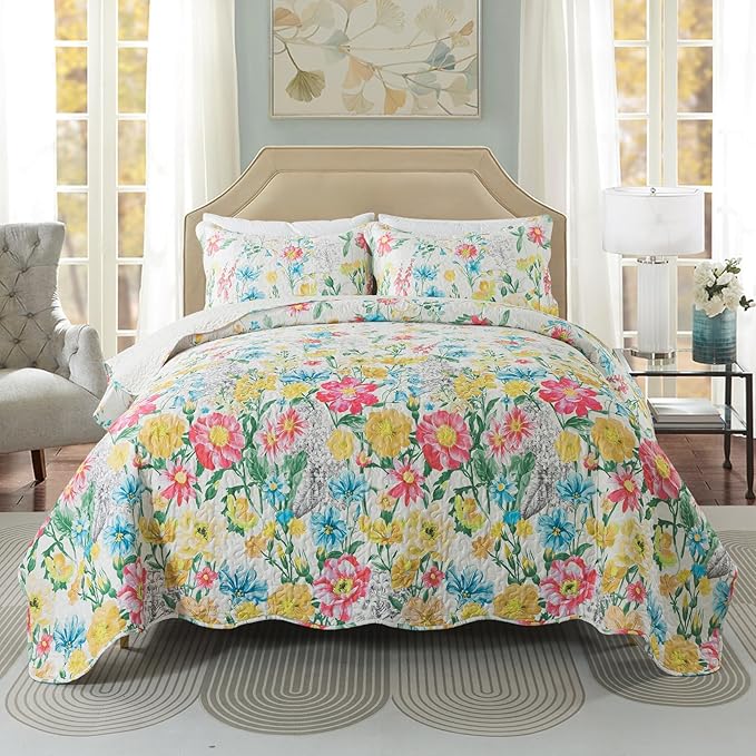 Travan Floral Quilt King Quilt Bedding Set, Ultra Soft Reversible Microfiber King Size Quilt Set with 1 Quilt Set and 2 Shams Yellow Flower Coverlet Set for All Season, Coreopsis-Yellow