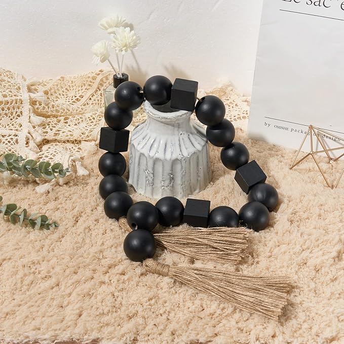 OMISHE Black Extra Large Wood Bead Garland with 1.6" Diameter Wooden Beads and Tassels, 41.5" Long Rustic Farmhouse Country Boho Decorative Beads for Home Decor Tiered Tray Decor