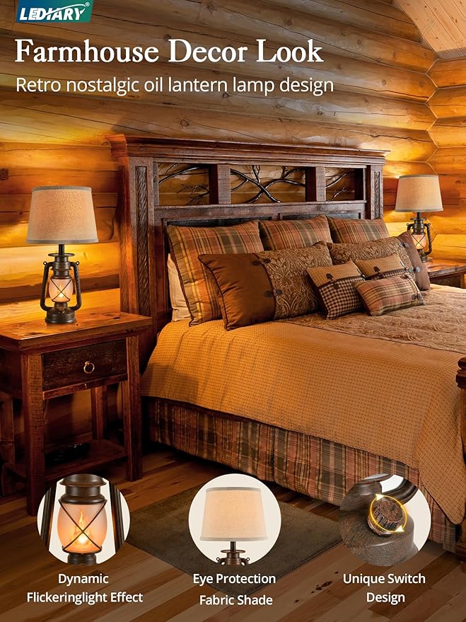 LEDIARY 18.72" LED Vintage Lantern Flickering Flame Table Lamps for Bedrooms Set of 2, Small Farmhouse Rustic Vintage End Table Lamps, Halloween Decorative Lantern Bedside Lamps for Living Room