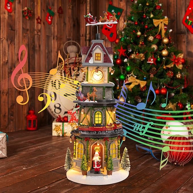Christmas Collectible Buildings - LED Lit Bell Tower, Musical Village Houses with USB Indoor Display Figurines