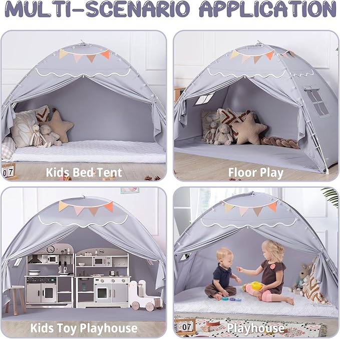 Sumbababy Toddler Bed Tent Canopy: Lights & Flags Indoor Floor Bed Kids Tent Playhouse - Foldable Twin Bunk Bed Curtains - Girls & Boys Bedroom Privacy Space Sleeping Tents Gifts (Large Gray)