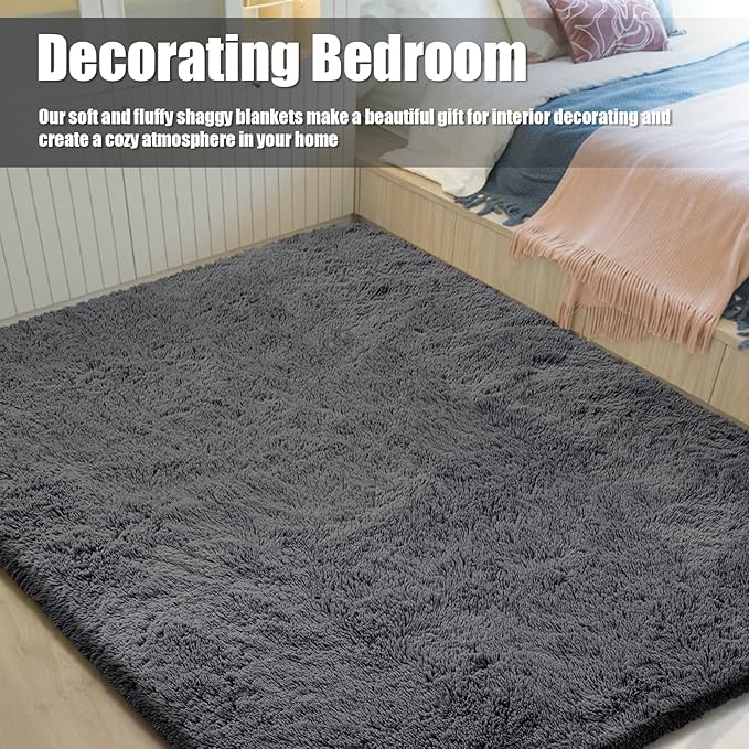 6x9 Fluffy Area Rug for Living Room,Shag Area Rugs for Bedroom,Deep Grey Soft Fuzzy Rug Non-Shedding Indoor Plush Carpet for Kids Bedroom Nursery Dorm Home Decor