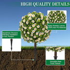 25" Artificial Boxwood Topiary Ball Trees with Daisy Flowers, Set of 2 UV Resistant No Fade Outdoor Faux Plants with Ground Spike, Fake Shrubs for Garden, Patio, Porch, Yard, Indoor Decor