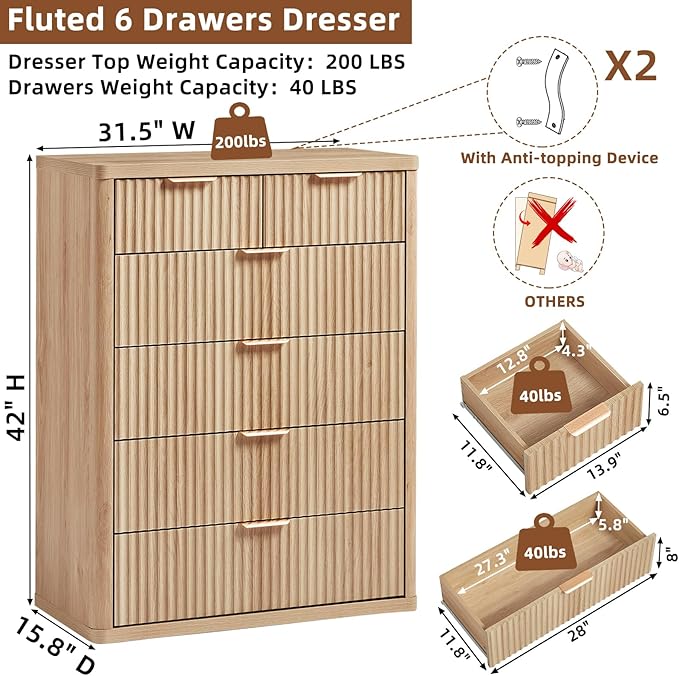 LEYAOYAO Fluted 6 Drawers Dresser for Bedroom, 42" Tall Modern Chest of Drawers with Metal Handle, Curved Profile Design,Natural Wood Drawer Organizer for Bedroom, Living Room, Hallway, Entryway