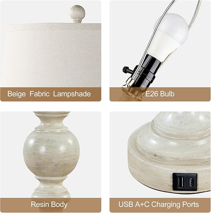 Farmhouse Lamp for Bedroom Set of 2, Rustic Table Lamp with Dual USB Charging Ports, 28" Tall Table Lamps with Linen Shade for Living Room, Bulb Not Included