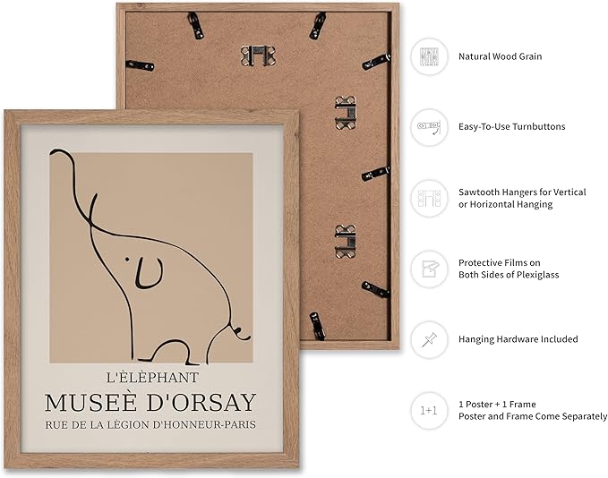 Poster Master Vintage Poster - Retro Minimalist Print - Gift for Artist, Housewarming - Elephant, Line Drawing, Sketch, Abstract - Wall Decor for Living Room, Bedroom, 8x10 Beige Framed