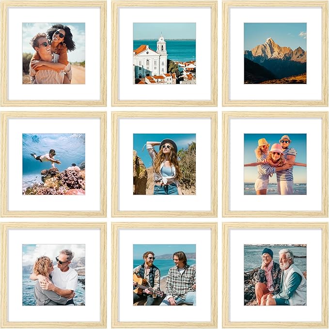 Vittanly 12x12 Picture Frames Set of 9, Shatter Resistant Plexiglass, Display 8x8 Pictures with Mat or 12x12 without Mat, Photo Frames for Wall Mount, Engineered Wood, OAK