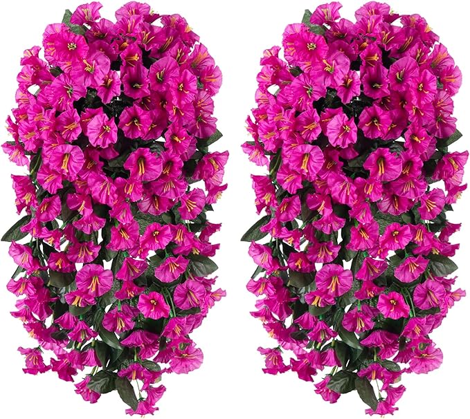 Artificial Faux Flowers Plants for Outdoor Outside Spring Summer Decoration, 2 PCS Fake Silk Fuchsia UV Resistant Realistic Morning Glory Long Trailing Vines for Hanging Planter Porch Patio Decor