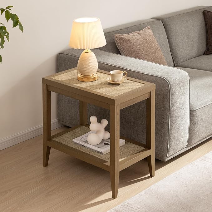 SICOTAS Rattan Night Stand Bedside Table - Farmhouse Boho Narrow End Table for Living Room - Accent Side Table with 2 Rattan Open Storage Shelves for Bedroom, Small Spaces