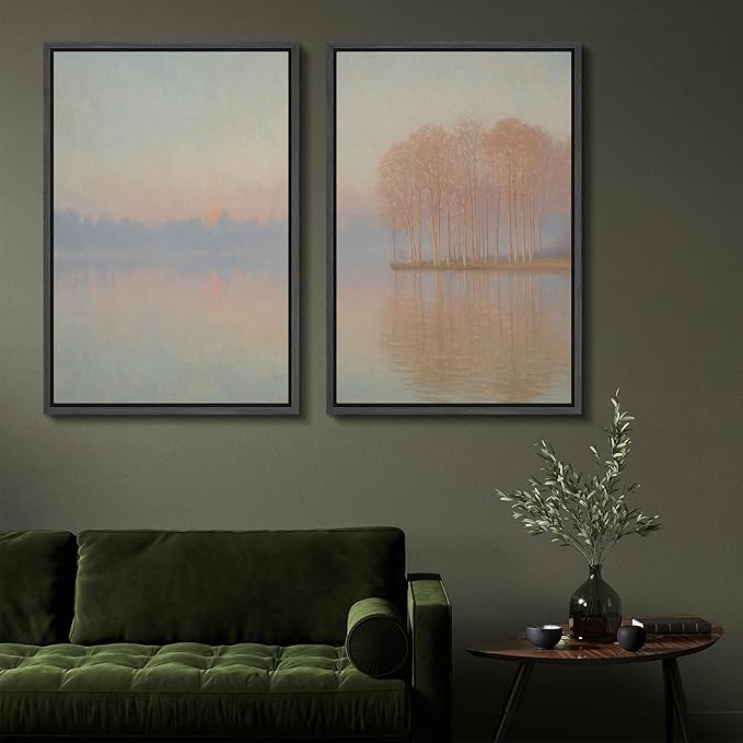 SIGNFORD Framed Canvas Print Wall Art Set Pastel Lake Landscape Serene Sunrise Water Reflection Illustration Modern Art Decorative Nordic Nature for Living Room, Bedroom, Office - 16"x24"x2 Black