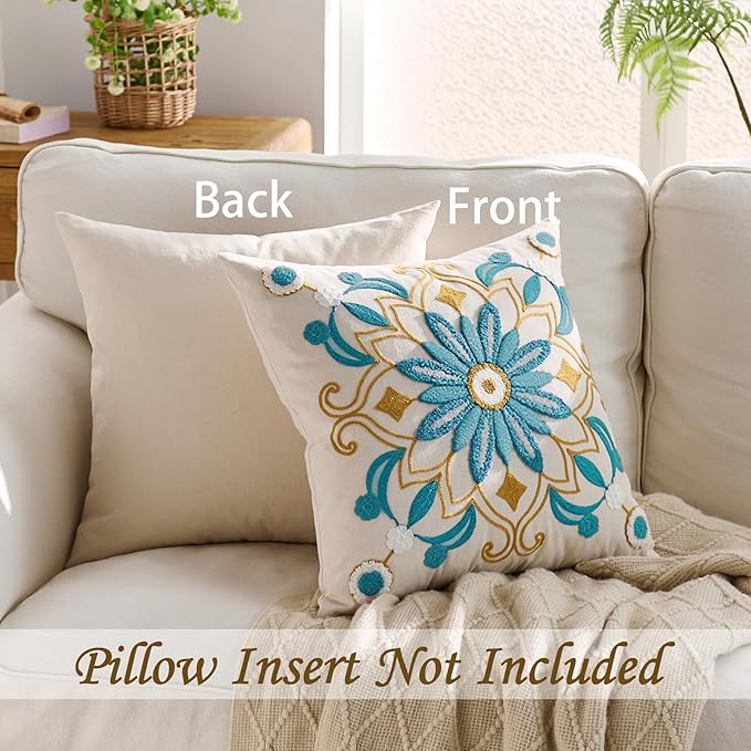 Embroidered Throw Pillow Cover 20x20 Classic Boho Floral Pattern Pillows Cover Outdoor Decorative Pillowcase,Durable Cozy Textured Cushion Case for Sofa Couch Bed Living Room,Teal