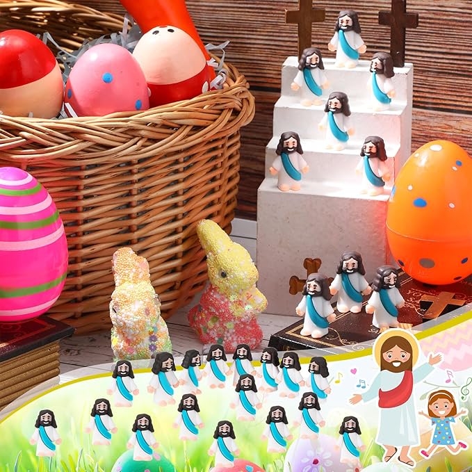 Bememo 100 Pcs Jesus Toys Original Design Mini Rubber Little Jesus Figurine to Hide and Seek Religious Party Favors Sunday School Craft Baptism Gifts for Easter Egg Stuffers(Cyan)