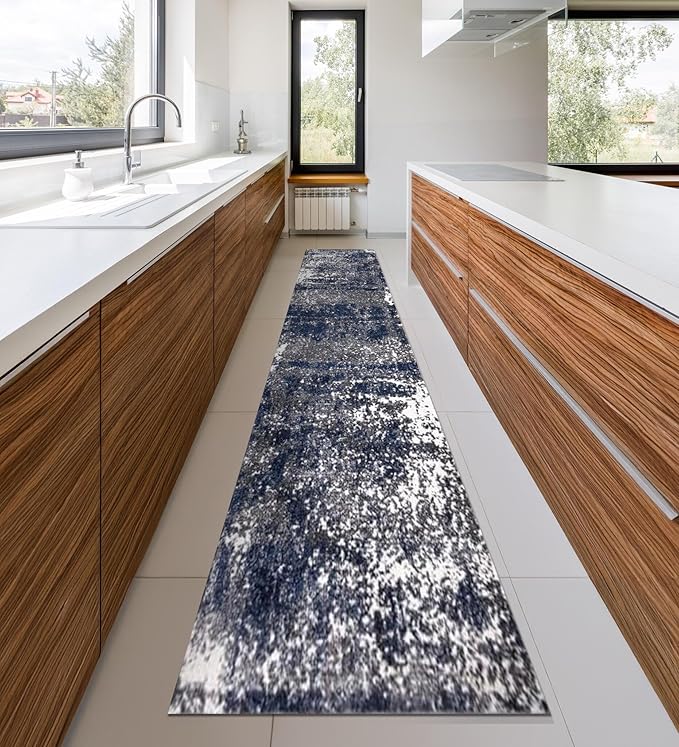 Keen Home Design Area Rugs - 2x16 Non-Shedding, Abstract Rugs for Kitchen, Living Room, Bedroom, Dining Room, Entryway - Size: 2'8" x 16', Navy/Grey/White