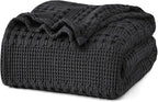 PHF 100% Cotton Waffle Weave Blanket Twin Size, Soft Lightweight Breathable Cozy Summer Blankets for Bed, Luxury Aesthetic Woven Bedding for Home Decor, 66"x90", Black