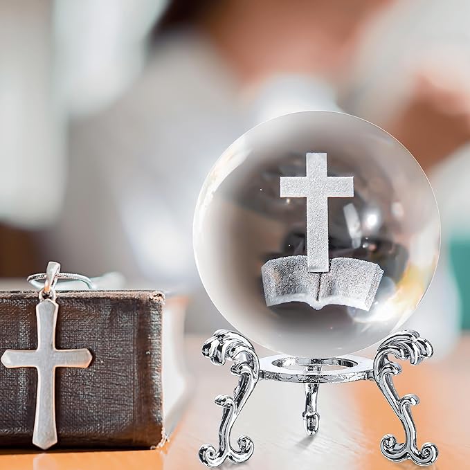 ZEERSHEE 3D Laser Engraved Cross Bible Crystal Ball with Stand Religious Christian Collectible Decoration for Home Office