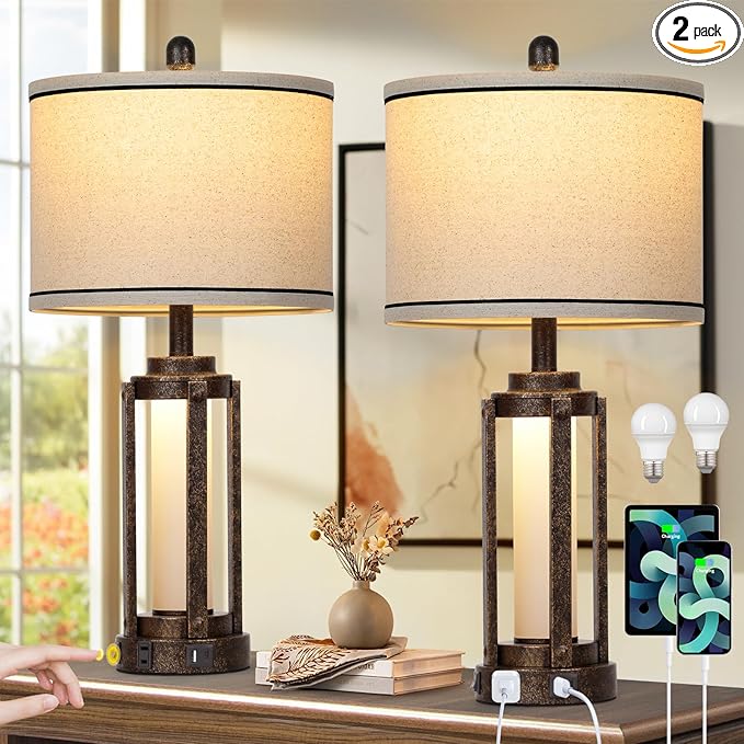 26" Farmhouse Table Lamps Set of 2, Vintage Rustic Industrial Beside Lamps with USB A+C Charging Ports & AC Outlet, Nightstand Lamp with Glass Night Light & Linen Fabric Shade for Living Room Bedrooms