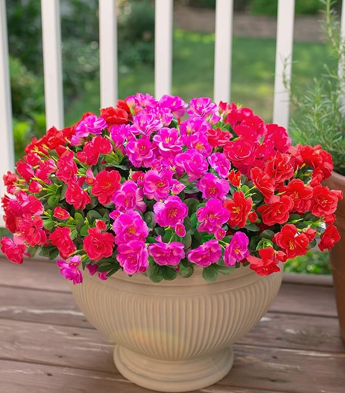 Ivydale Artificial Faux Outdoor Flowers Plants for Fall Decor, Fake Silk Colorful Camellia UV Resistant Look Real for Planter Outside Porch Patio Balcony Garden Yard Home Decoration, 3 Large Bundles