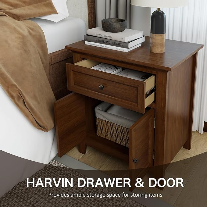 Harvin Nightstand, Solid Wood End Table with Drawer & Door, Timeless Classic Large Side Table for Bedroom, Living Room or Home Offices