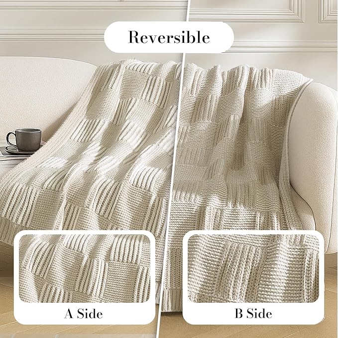 Amélie Home Chenille Knit Throw Blanket for Couch, Checkered Texture Decorative Soft Blanket for Sofa, Bed & Living Room, 50"x60", Khaki & White