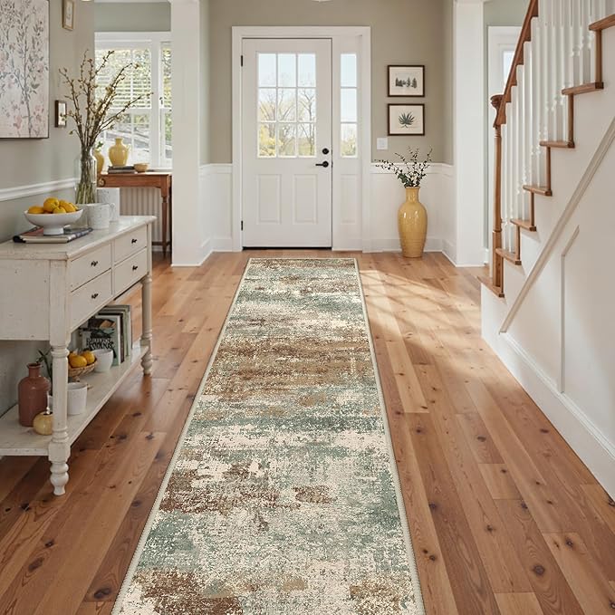 Runner Rug for Hallway Kitchen, 2'6"x10' Machine Washable Runners Rug for Entryway, Soft Modern Abstract Throw Rugs, Low Pile Floor Cover with Non Slip Backing, Orange Green