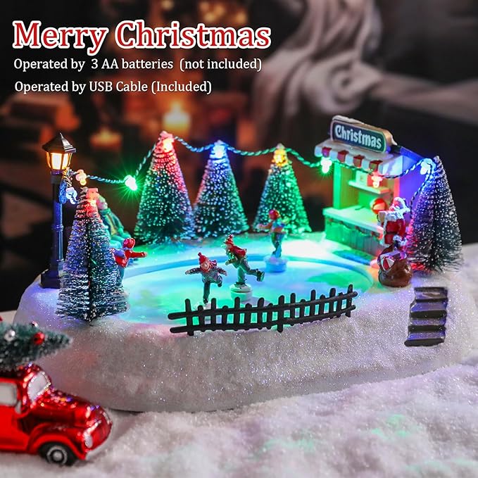 VCUTEKA Christmas Village Houses, Santa Claus with Tree and Rotating Kids Skating Lighted Musical Christmas Village Collectible Building for Xmas Indoor Decorations or Holiday Table Displays