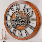 The B-Style Large Wall Clock 24 inch Moving Gear Wall Clock Oversized Vintage Farmhouse Wall Clocks for Living Room Decor Rustic Industrial Wood Clock (Brown and Bronze)