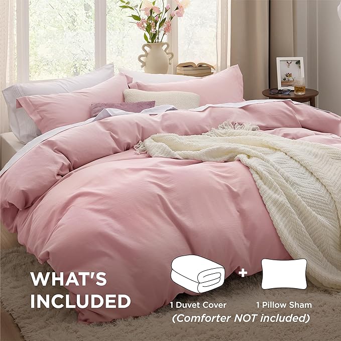 Bedsure Pink Duvet Cover Twin/Twin XL Size - 2 Pieces Prewashed Cotton-Like Extra Soft Bedding Set, Includes 1 Twin Duvet Cover 68x90 Inches with Zipper Closure & 1 Pillow Sham, No Comforter