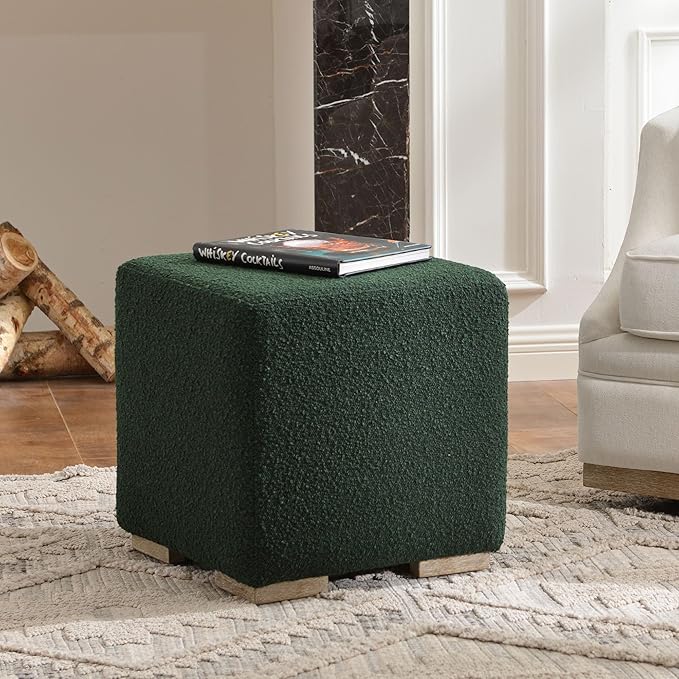 KINWELL 18.5" Wide Modern Square Boucle Upholstered Ottoman with Solid Wood Legs, Cube Ottoman Multi-Functional Sofa Footrest, Extra Seating for Living Room, Bedroom, Fully Assembled (Green)