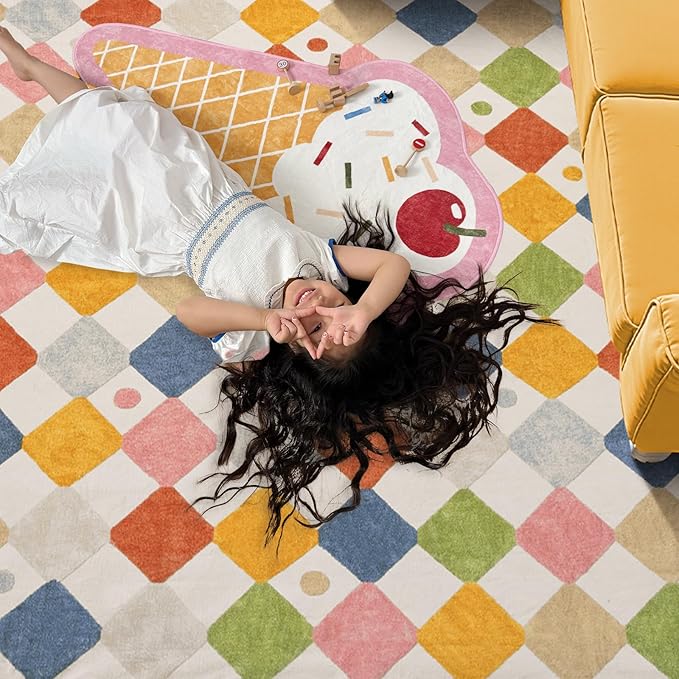 jinchan Area Rug 2x3 Kids Entryway Washable Indoor Doormat Small Soft Non Slip Modern Rug Diamond Carpet for Nursery Room Bedroom Bathroom Circus on Cream