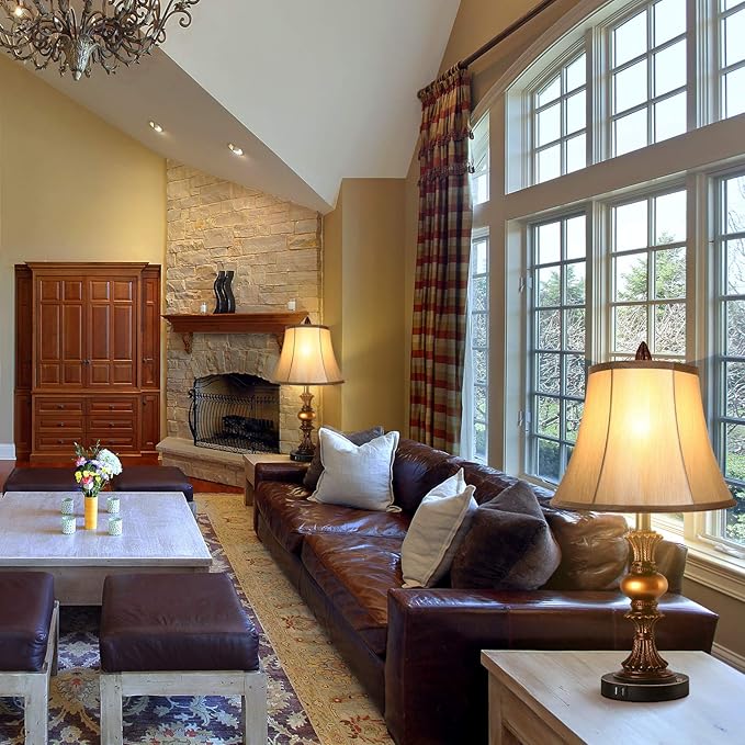 Touch Control Traditional Table Lamp Set of 2, Vintage Bedside Lamps with Dual USB Charging Ports, 3-Way Dimmable Bronze Finish Desk Lamps with Bell Shape Faux Silk Shade for Living Room, Bedroom