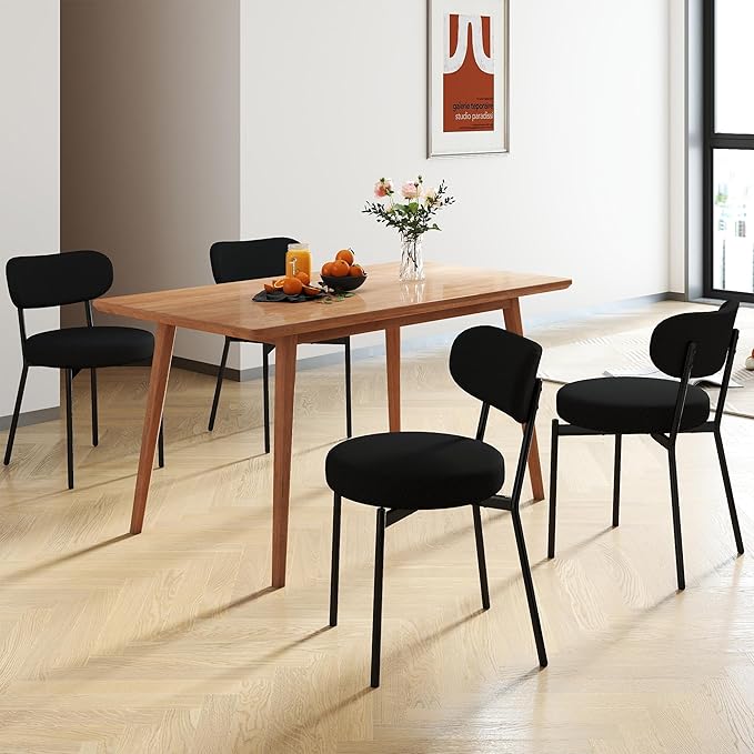 Dining Chairs Set of 4 pcs, Boucle Upholstered Comfortable Seat with Curved Backrest, Mid-Century Modern & Scandinavian Designer Style, Ideal for Dining Room & Kitchen, Black