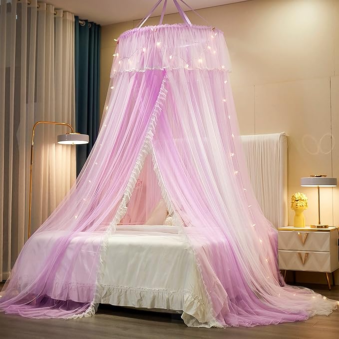 VETHIN Princess Bed Canopy for Girls,Bed Canopy Curtain- Double Layer Sheer Mesh Dome Bed Curtain- Round Lace Princess Mosquito Net Tent with led Stars String Lights(Purple/White)