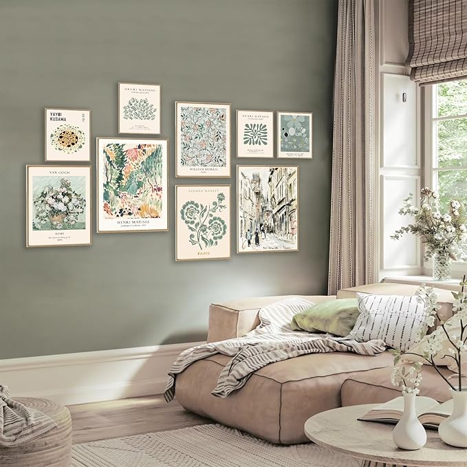 KBKBART 9 PCS Sage Green Wall Art - Eclectic Decor, Abstract Posters for Room Aesthetic, Matisse Wall Art for Bedroom