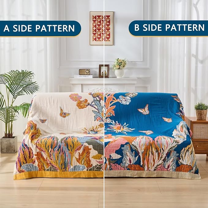 Boho Throw Blanket for Bed, Lightweight Reversible Quilt, Fall Cotton Blanket, Queen Size Boho Floral Bird Colorful Retro Quilt Ultra Soft Reversible Gauze Blanket for All Season, 80"x90"