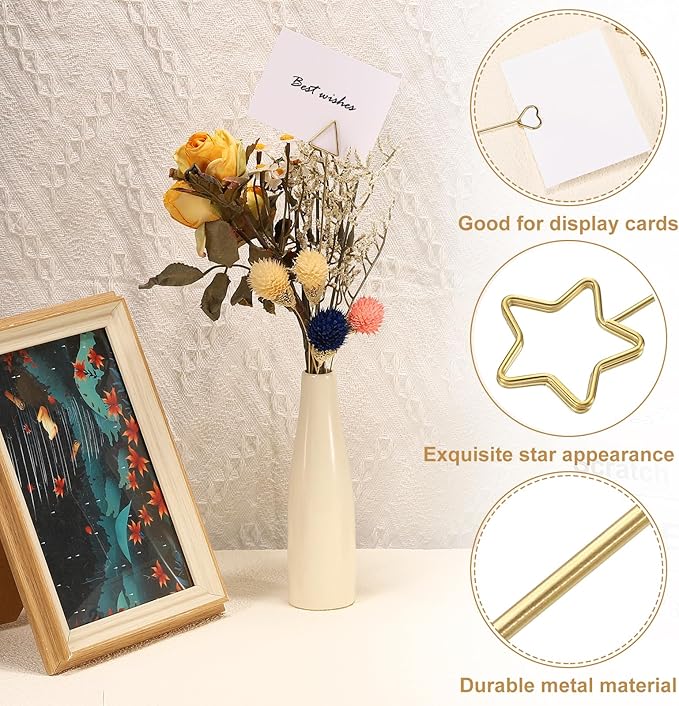 uxcell 30 Pcs Table Card Holders, 5.9 Double Star Metal Craft Wire Clips Picture Clip Table Number Holders Picks for Wedding, Photos, Memo, Restaurant, Gold